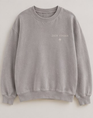 Zion Finder Crewneck laid flat, Zion Finder and a star on the chest